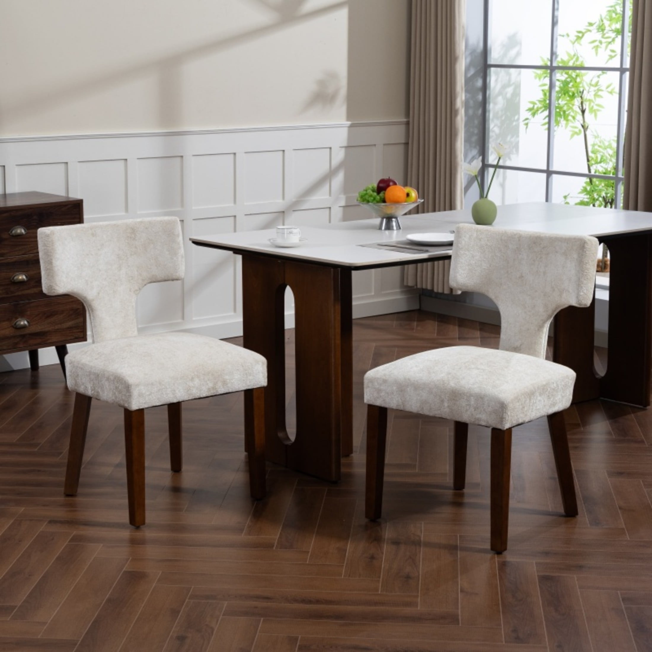 Noble House Mid-Century Fabric Upholstered Dining Chairs, Solid Wood Frame, Set of 2, Beige