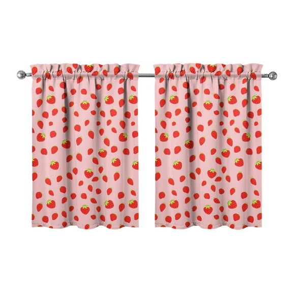 Set of 2 Strawberry Themed Kitchen Curtains - Sweet Red Berry & Flowers Watercolor Design, 27.5x36 Inch Rod Pocket Tier Curtains, Light Filtering Semi-Sheer Window Panels