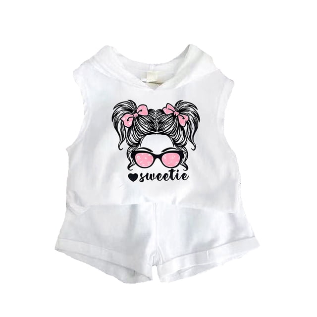 Girls Sleeveless Hooded Top And Shorts Two Piece Set Summer Sweatsuits Casual Sports Suit
