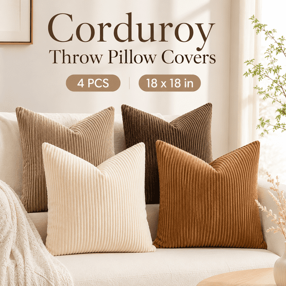 MORAVE Set of 4 18x18 Inch Neutral Corduroy Throw Pillow Covers, Farmhouse Boho Decorative Accent Pillow Cases for Living Room Couch Bed Sofa Home Decor