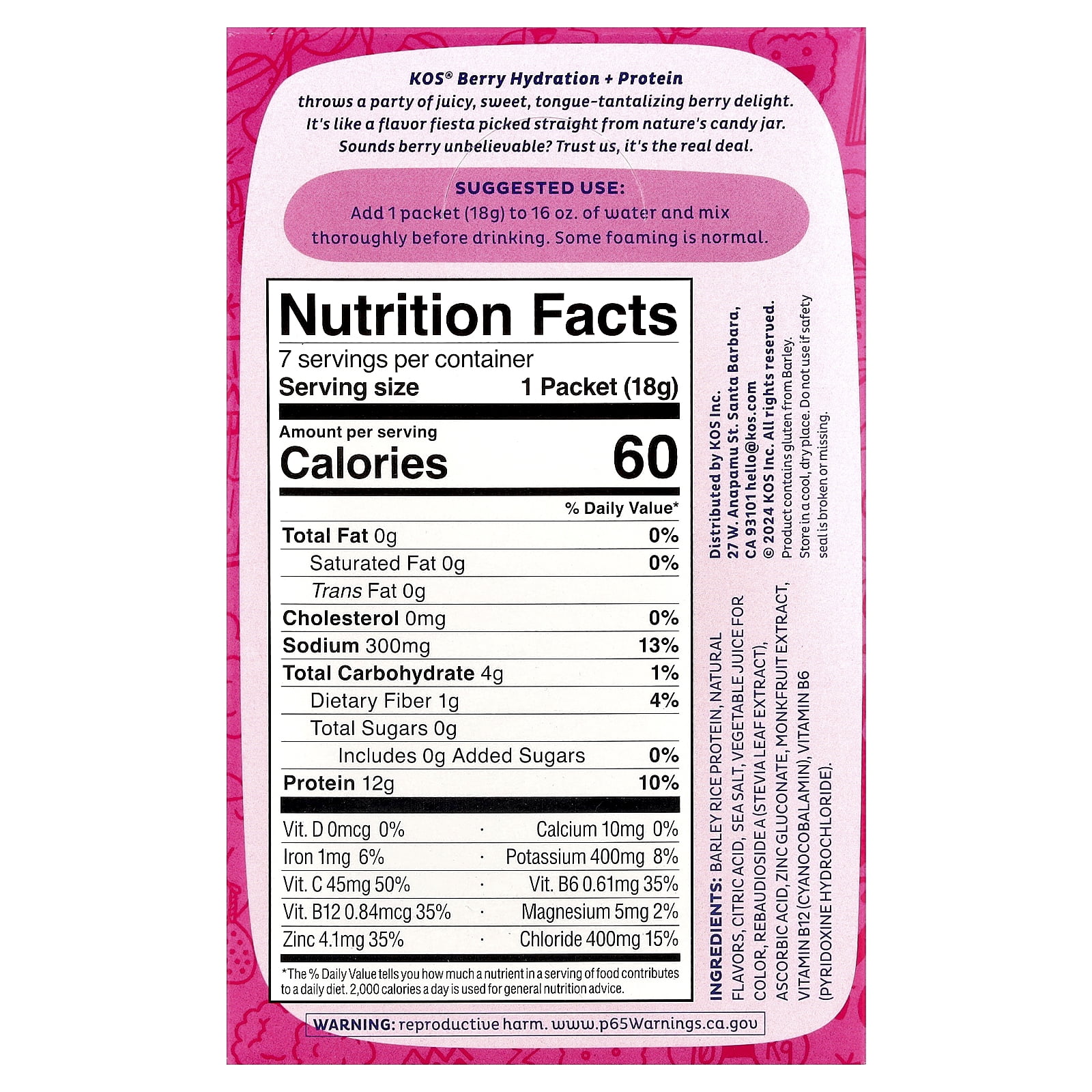 KOS Hydration + Protein, Refreshing Drink Mix, Berry, 7 Packets, 0.65 oz (18 g) Each