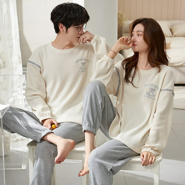 Pijamas de pareja Pijamas de mujer de otoño e invierno Ropa informal para el hogar para hombre Traje de dos piezas de algodón peinado suelto