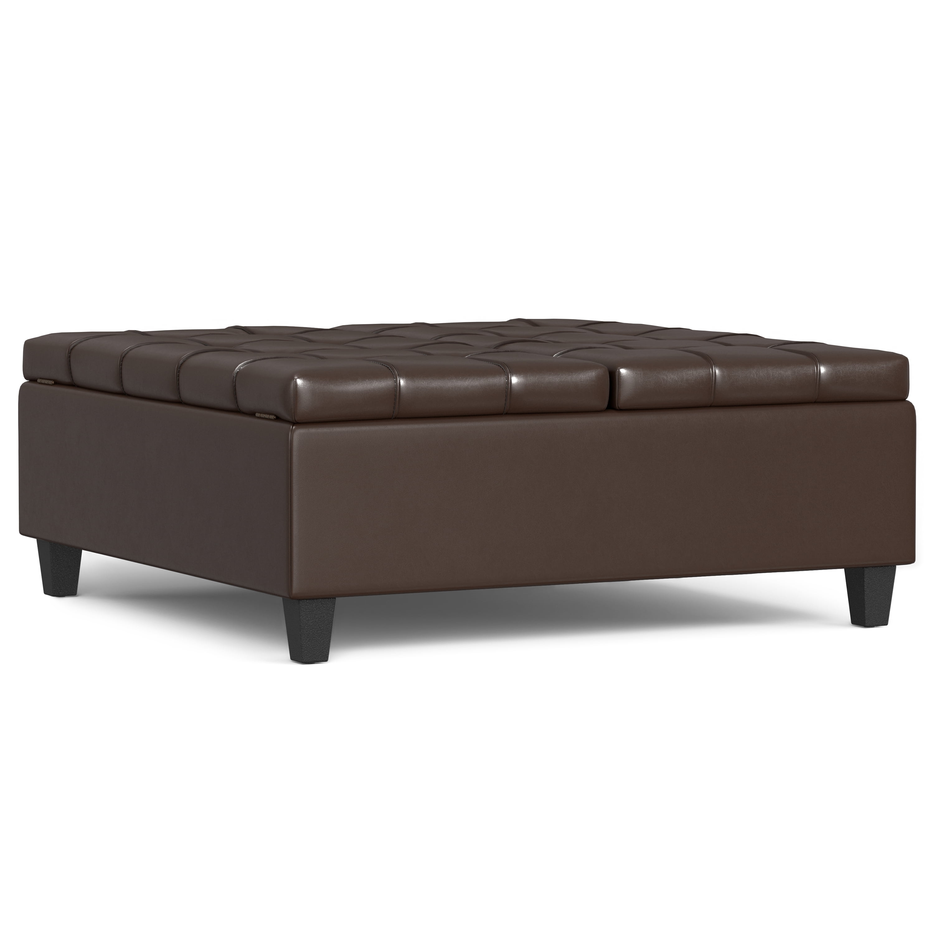 Simpli Home Harrison 40 inch Wide Transitional Square Large Coffee Table Storage Ottoman in Chocolate Brown Vegan Faux Leather