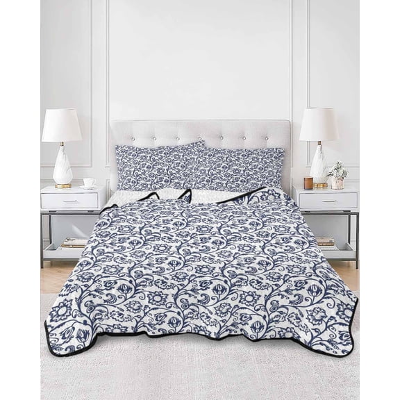 Quilts Twin Size, Navy Blue Floral Soft Comforter Bedding Set for Bed, Vintage Art Flowers Pattern Lightweight Quilted Bedspread with Pillow Cover(2 Pieces) for All Season, 68x86 Inch