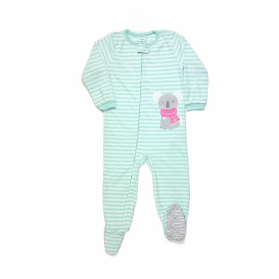 Carter's Girl's Mint Green Striped Winter Koala Bear Fleece Footed Pajama, Size 3T