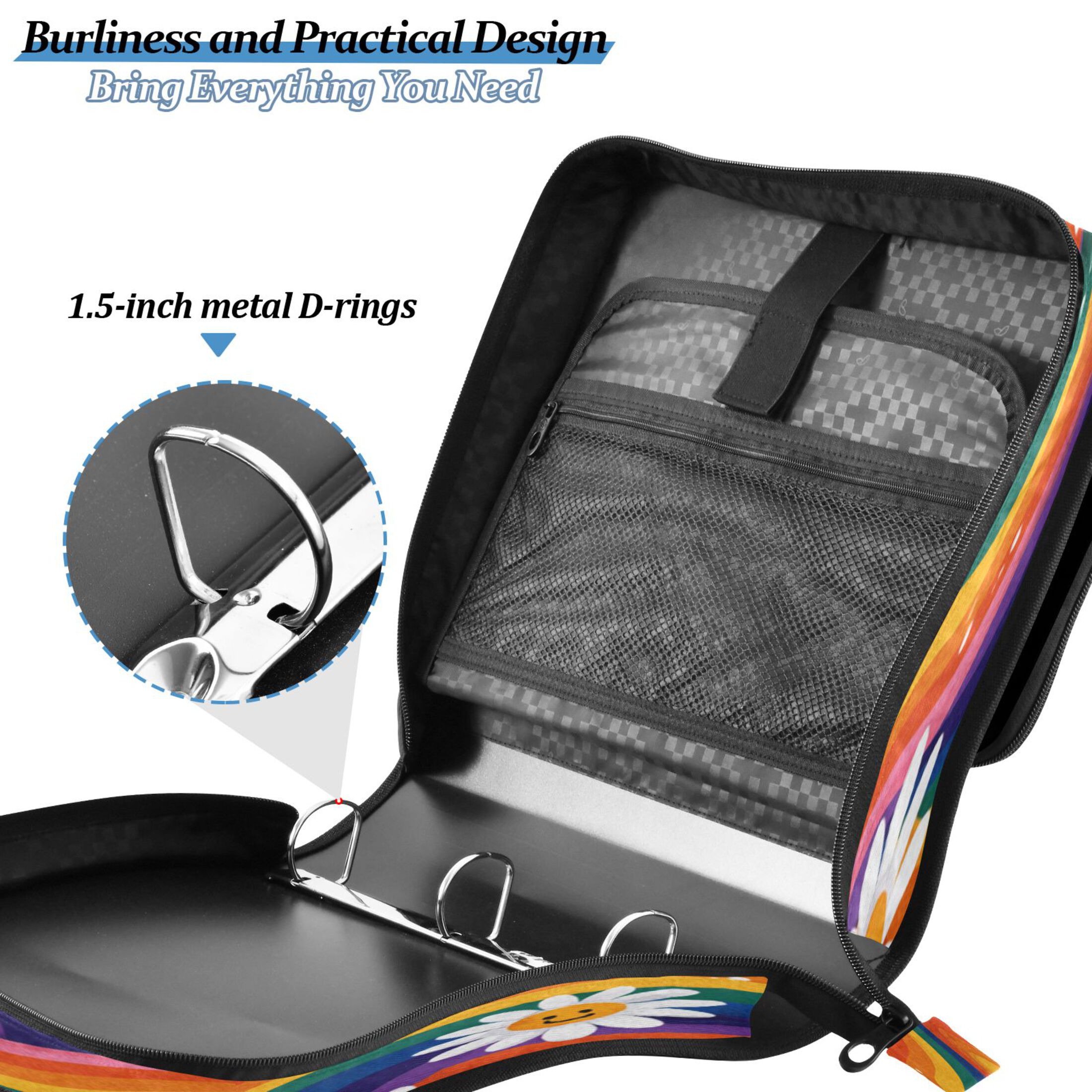 Zipper Binder 3 Rings Stationery Office Files Daily Organizer File Folder Storage Bag Rainbow-colored Waves with Daisies