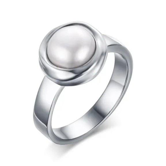 Luxury Natural Pearl Band Women's Stainless Steel Wedding Engagement Ring Sz 7-9
