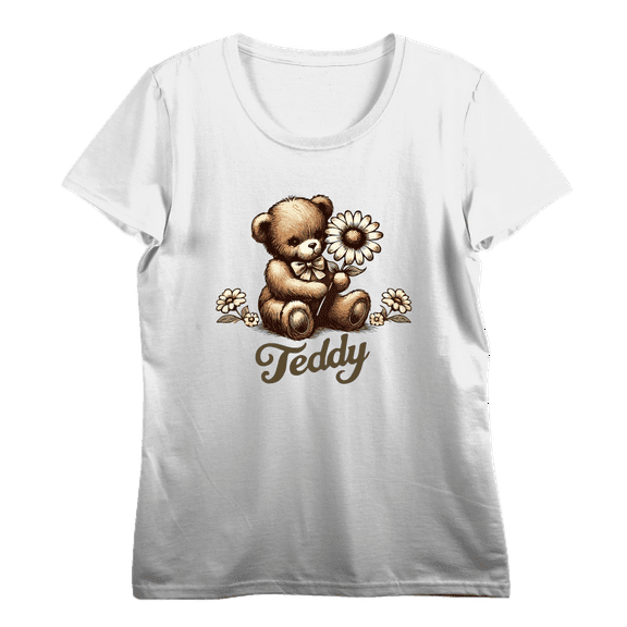 Teddy Bear With Daisy Women's Vivid White Crew Neck Short Sleeve Crop Tee-XL