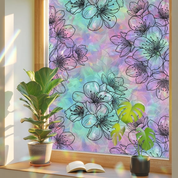 Spring Cherry Blossoms Window Privacy Film, Dreamy Gradient Background Static Cling Stained Glass Window Sticker Decorative Removable Rainbow Film for Glass 19.6”x39.3”