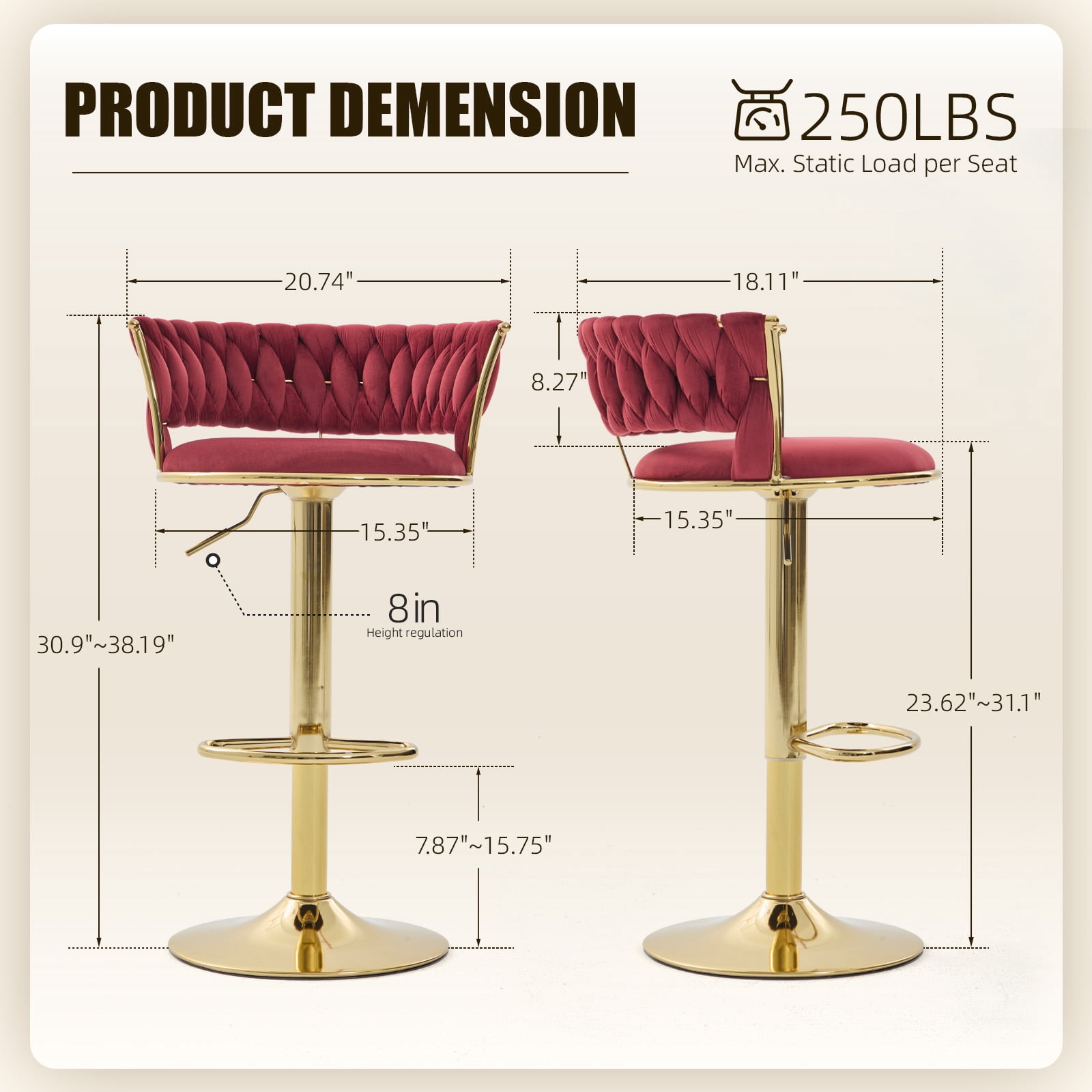MOONMISS Bar Stools Set of 2, Adjustable Swivel Barstools, Velvet Counter Height Bar Chair with Back and Footrest for Kitchen Island Dining Room Café Pub,Wine Red
