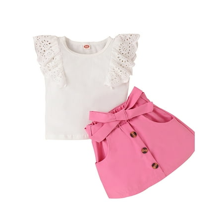 

PBaeM Infant Baby Girls Summer Hollow Lace Trim Top Skort Two-Piece Set Sizes 12M-6T