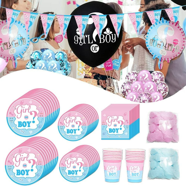 Gender Reveal Party Supplies - (90 Pieces) Baby Gender Reveal Decorations  Kit,Baby Shower Decorations,Boy or Girl Pennants, Black question mark  balloon, balloons, paper towels, dinner plates, cups, at 