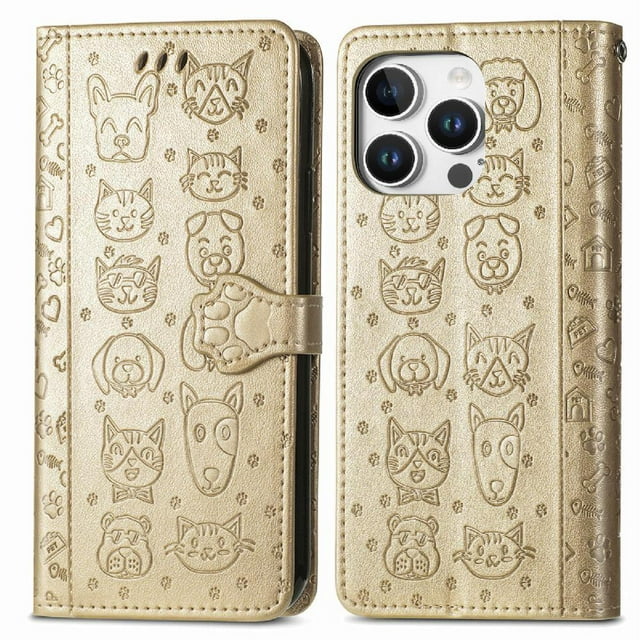 Funda Cartera FOXDOCK para iPhone 16 Pro Max , Flip PU con Relieve de Gatos y Perros, Tarjetero y Soporte
