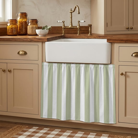 Sage Green Striped Cabinet Curtains 28"W x 35"L, Modern Farmhouse Sage Green White Stripes Under Sink Skirt for Bathroom Vanity Kitchen Self Adhesive, Dust-Proof Privacy Curtain for Closet