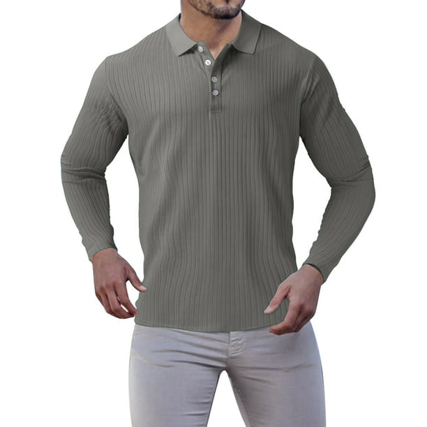 Camiseta de manga larga con cuello abotonado y rayas para hombre - Poliéster spandex, estilo informal