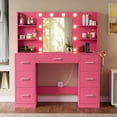 thumbnail image 2 of Lacoo Vanity Desk with Mirror and LED Lights, Makeup Vanity with 7 Drawers & 4 Shelves, Vanity Table with Power Outlet for Bedroom Dressing Room, Dark Pink, 2 of 7
