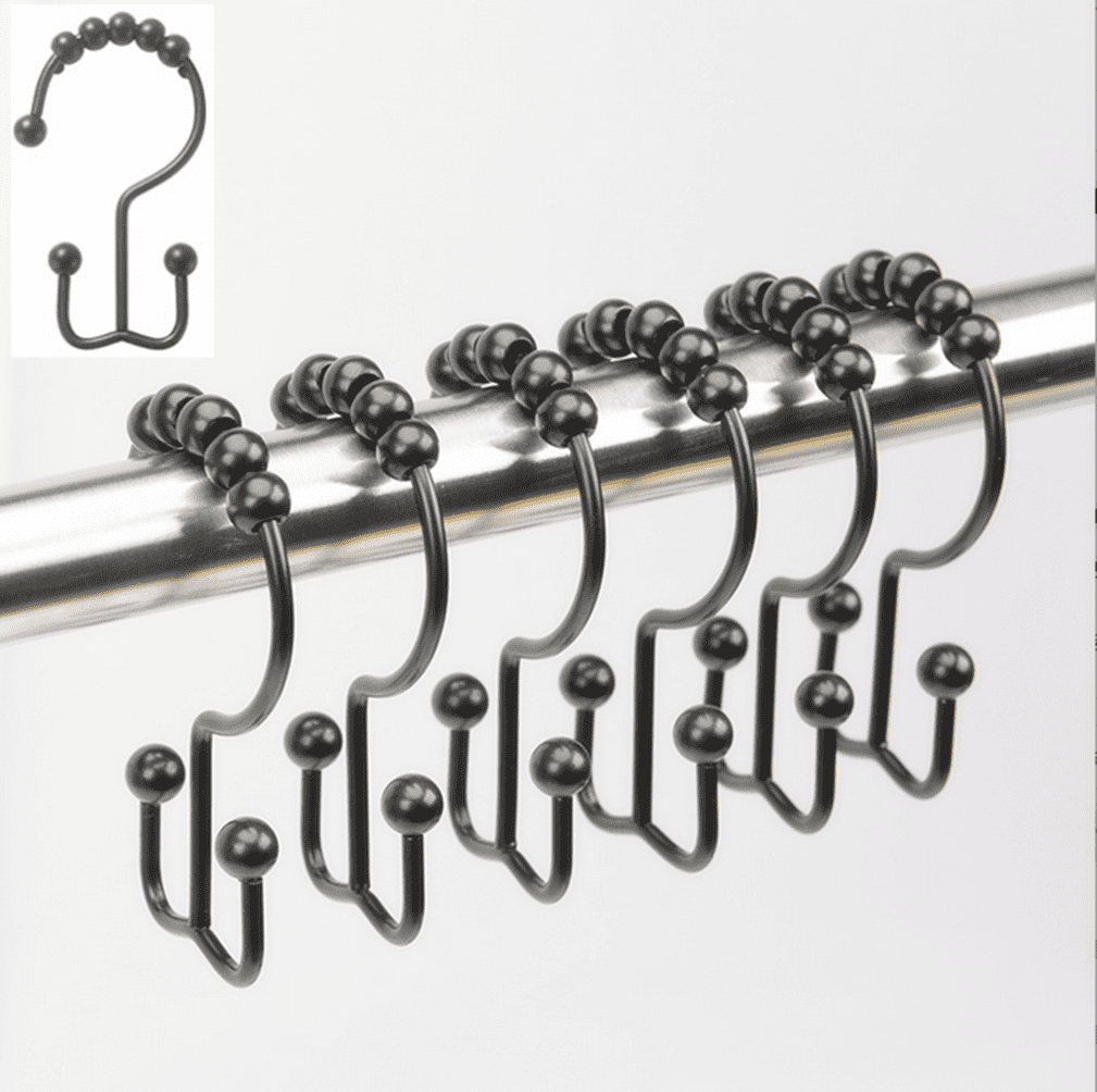 Shower Curtain Hooks Rings, Rustproof Metal Double Glide Shower Hooks for Bathroom Shower Curtain Liner and Rod, 12 Set, Black