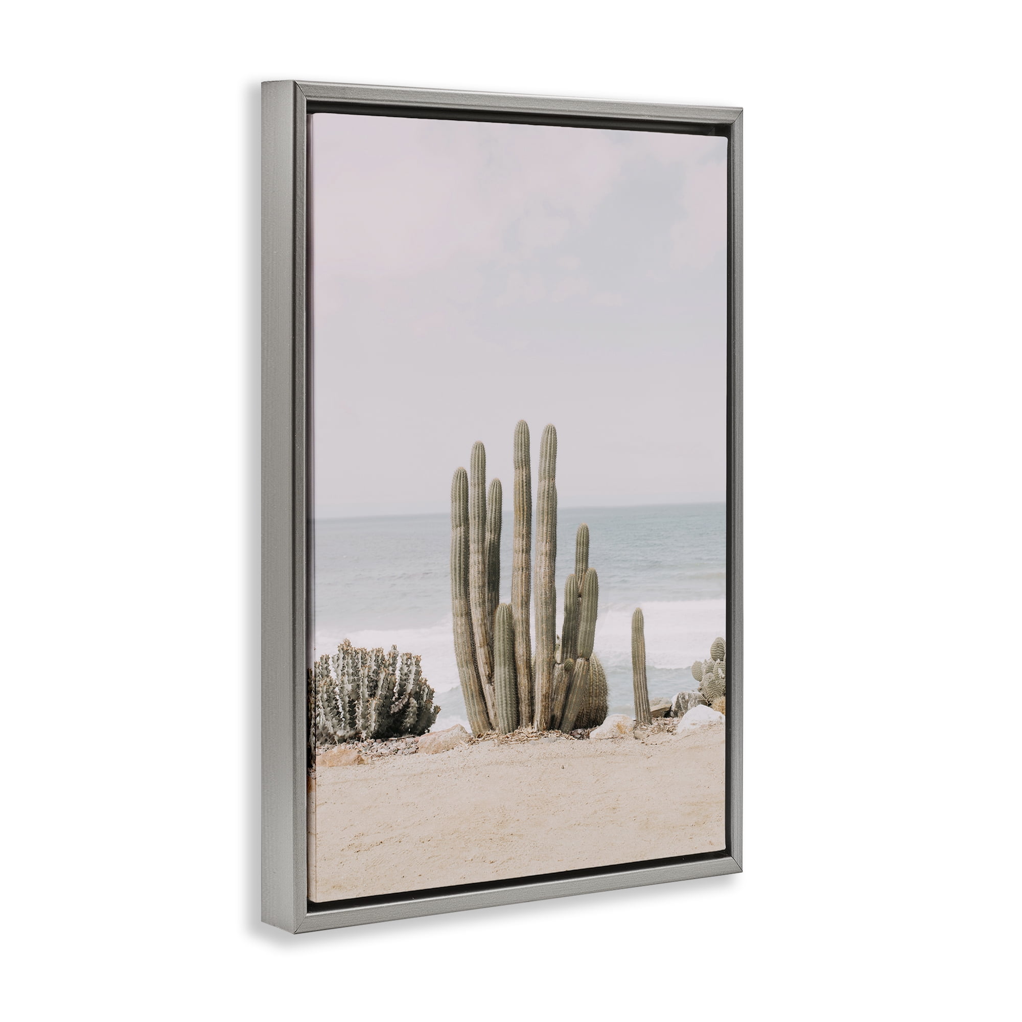 Stupell Industries Cactus on Beach Shore Landscape & Nature Photography Gray Floater Framed Canvas Art Print Wall Art, 21 x 31