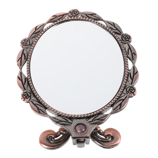 unbranded Espejo De Mano Retro Vintage Con Mango Plegable Color Marrón Para Maquillaje Y Uso Portátil En Casa
