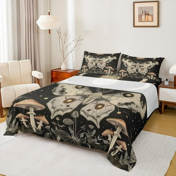 Manfei Gothic Moth Twin Sheet Sets,Rustic Mushroom Twin Fitted Sheet,Country Flower Floral Flat Sheet For Boys Teens,Super Cozy Room Decor,3 Pieces