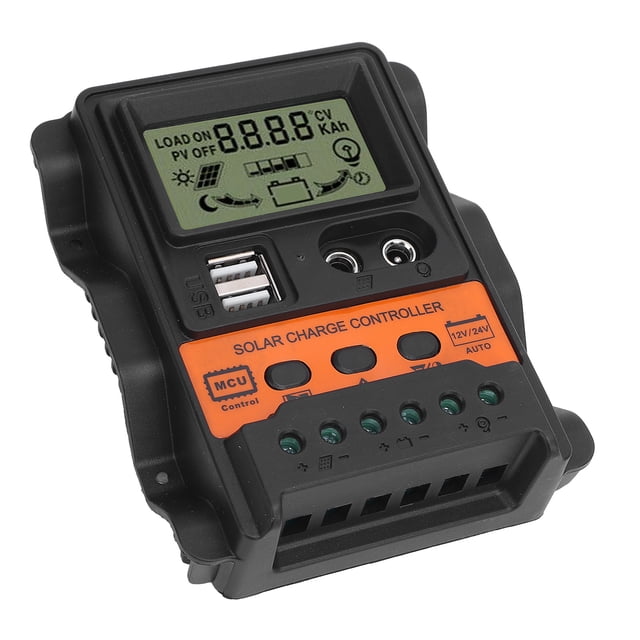 Dual USB Solar Controller, PWM 12V 24V Automatic Adaptation, Large LCD Screen, Low Self Consumption, Phone Charging, ABS Material, Orange Color, Standby Current: 12V,