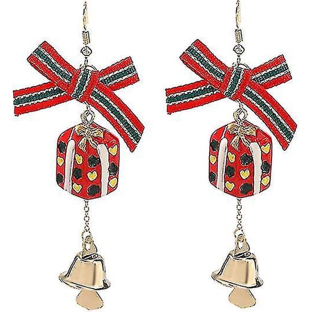 Pendientes de joyería de vestir de Navidad, caja de regalo de resina con lazo de San Grosgrain, campanas de aleación, pendientes de Navidad