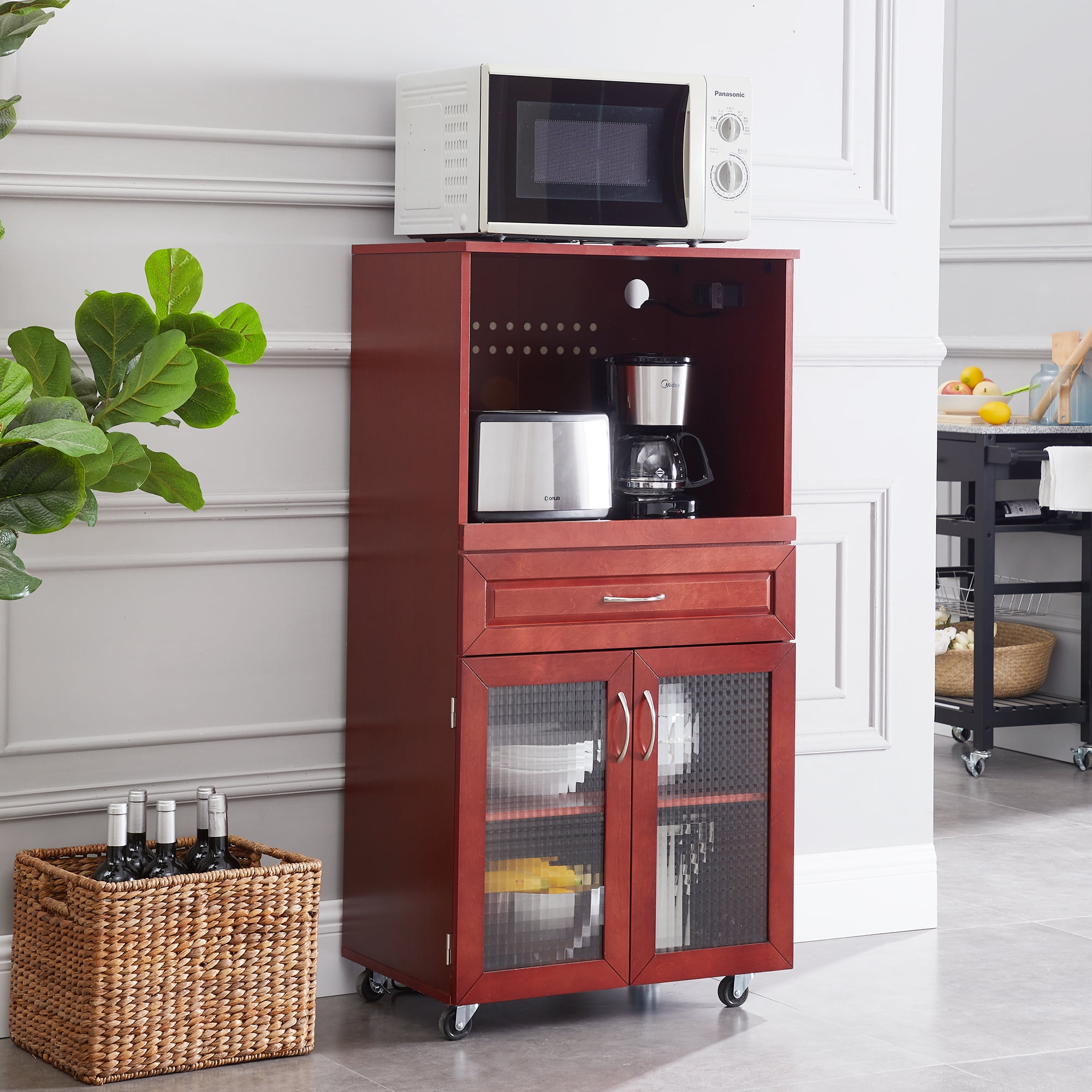 Rolling Kitchen Microwave Cabinet Walnut Walmart Com