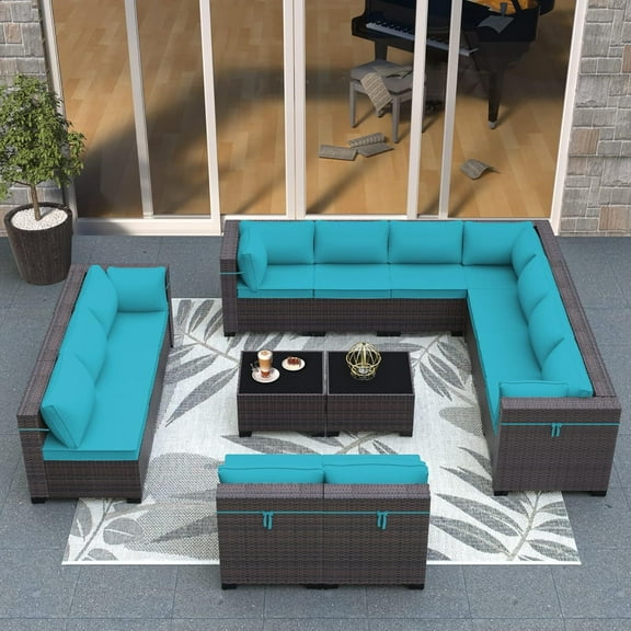 ASJMR 14 Pieces Outdoor Patio Furniture Set All-Weather Rattan Wicker Conversation Outside Sectional Sofa Chair Sets with Coffee Table and Green Cushions