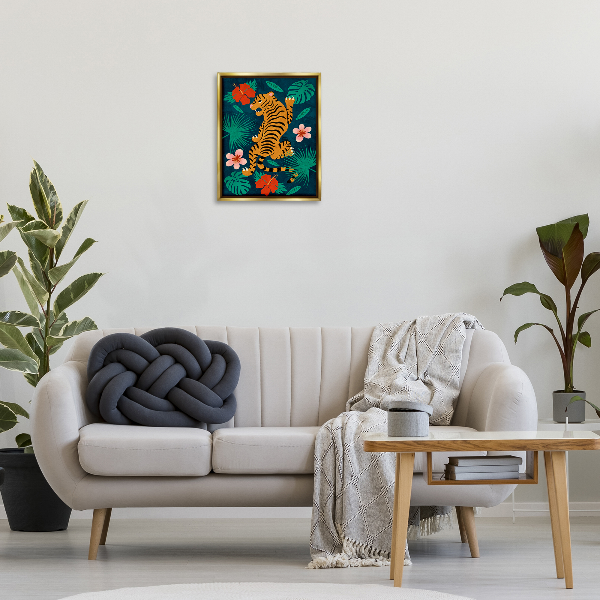Stupell Industries Climbing Tiger Tropics Animals Painting Gold Floater Framed Canvas Art Print Wall Art, 17 x 21