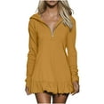 thumbnail image 2 of Tqyyweavej Women's Mini Dress Quarter-Zipper Ruffle Long Sleeve Dress Hoodie Solid Color Deep V Neck Spring Dresses for Women, 2 of 10