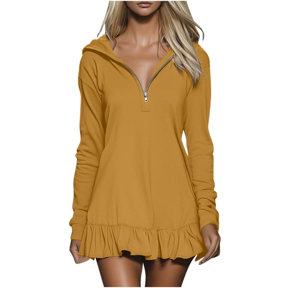Kaemgyyd Hoodie Dresses for Women Oversized Half Zip Sweatshirt Dress Casual Ruffle Hem Long Sleeve Pullover Dresses Fall Winter