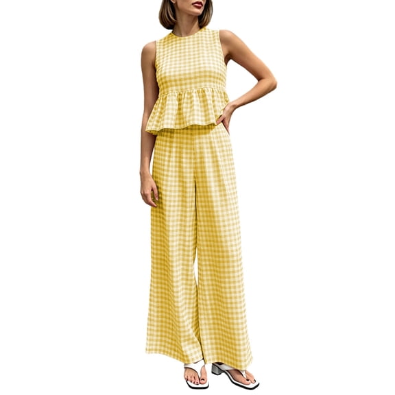 Besolor Summer 2 Piece Sets for Women Plaid Outfits Sleeveless Ruffled Hem Tank Tops Wide Leg Pants Vacation Beach Loungewear Set(X-Small,Yellow)