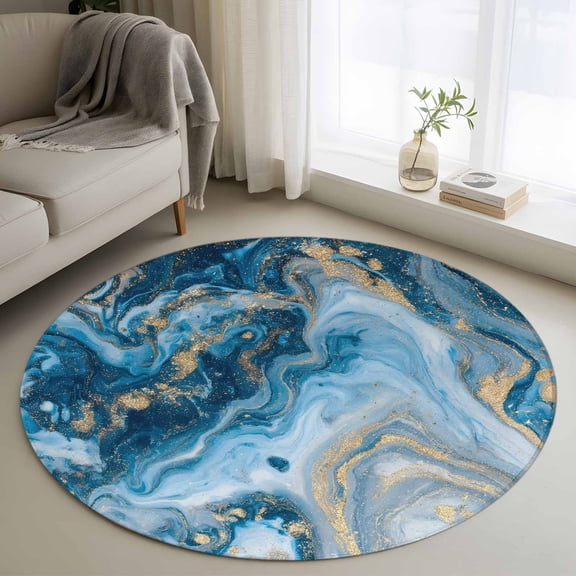 Round Area Rugs Collection 3 Ft, Blue Gold Marble Non-Slip Residential Carpet, Modern Abstract Geometric Gradient Indoor Crawling Mats Doormat Runner Rugs Play Mat for Bedroom