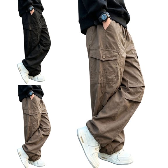 ITSAME Boys Cargo Pants Loose Fit Elastic Waist Multi-Pocket Fall Winter Casual Active Pants Black Size 8