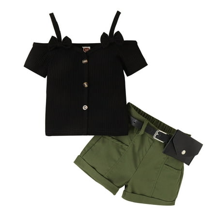 

Outfits for Teens Short Sleeve Bowknot Ribbed Tops And Shorts Waist Bag Fashion Casual Kids Suits for Girls