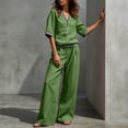 thumbnail image 6 of Cagogo Women Plus Size 2 Piece Set V Neck Short Sleeve Top Wide Leg Pants Casual Summer Boho Vacation Outfits Loose Matching Lounge Sets Tracksuits Travel Cruise Clothes, Green 2XL, 6 of 7