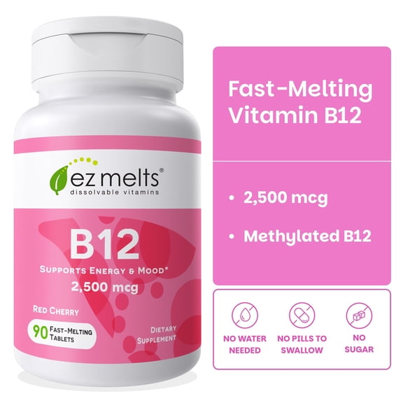 EZ Melts Dissolvable B12 2,500 mcg - Vitamin B12 for Energy & Immune Support - Hair & Skin Supplement - Non-GMO, Vegan & Gluten-Free - Red Cherry - 90 Sublingual Tablets (90 Servings)