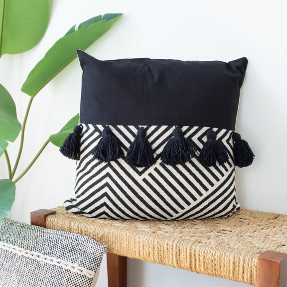 Laddha Home Designs Handwoven Chevron Cotton Throw Pillow Cover - 20" - Black and White
