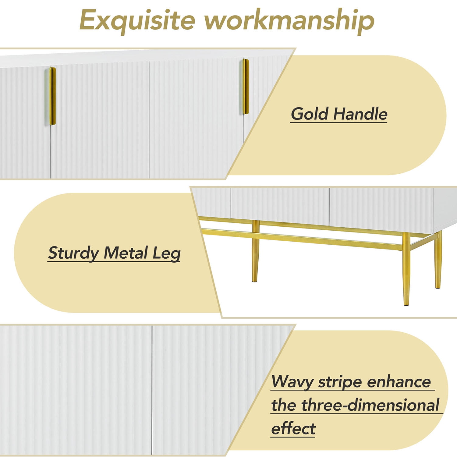 Kepooman 60" 4 Doors Buffet Cabinet, Storage Sideboard Buffet Cabinet with Gold Metal Handle for Living Room, White Kepooman 60" 4 Doors Buffet Cabinet, Storage Sideboard Buffet Cabinet with Gold Metal Handle for Living Room, White