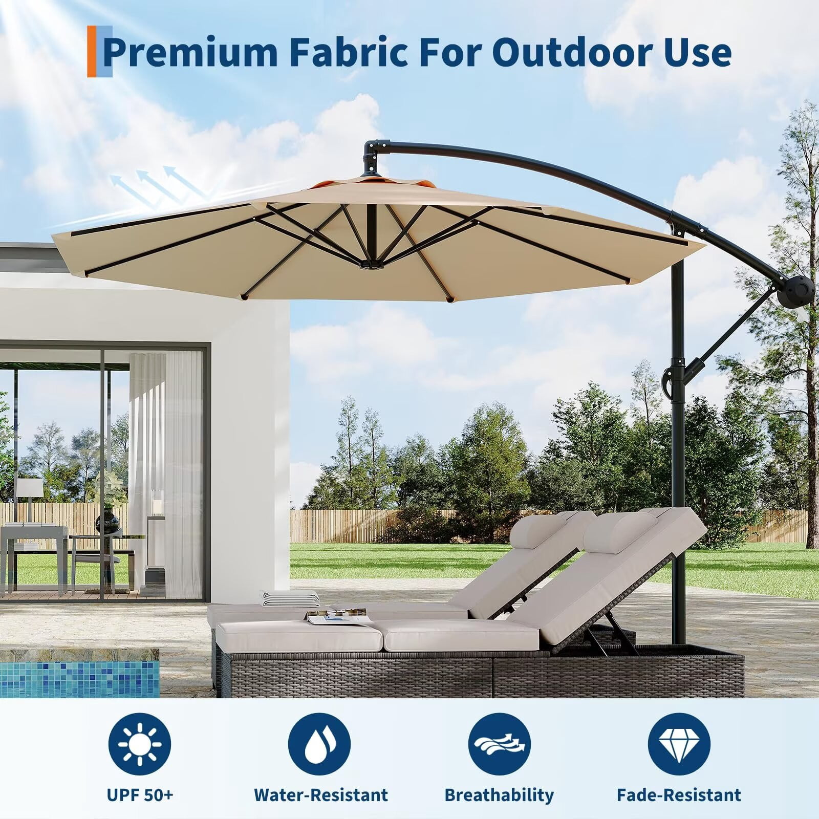 HELLONE 10FT Cantilever Umbrella outdoor patio, Offset Patio Umbrella with Easy Lift & Tilt Adjustment, UV Protection Fade Resistant for Deck, Pool, Garden, Tan