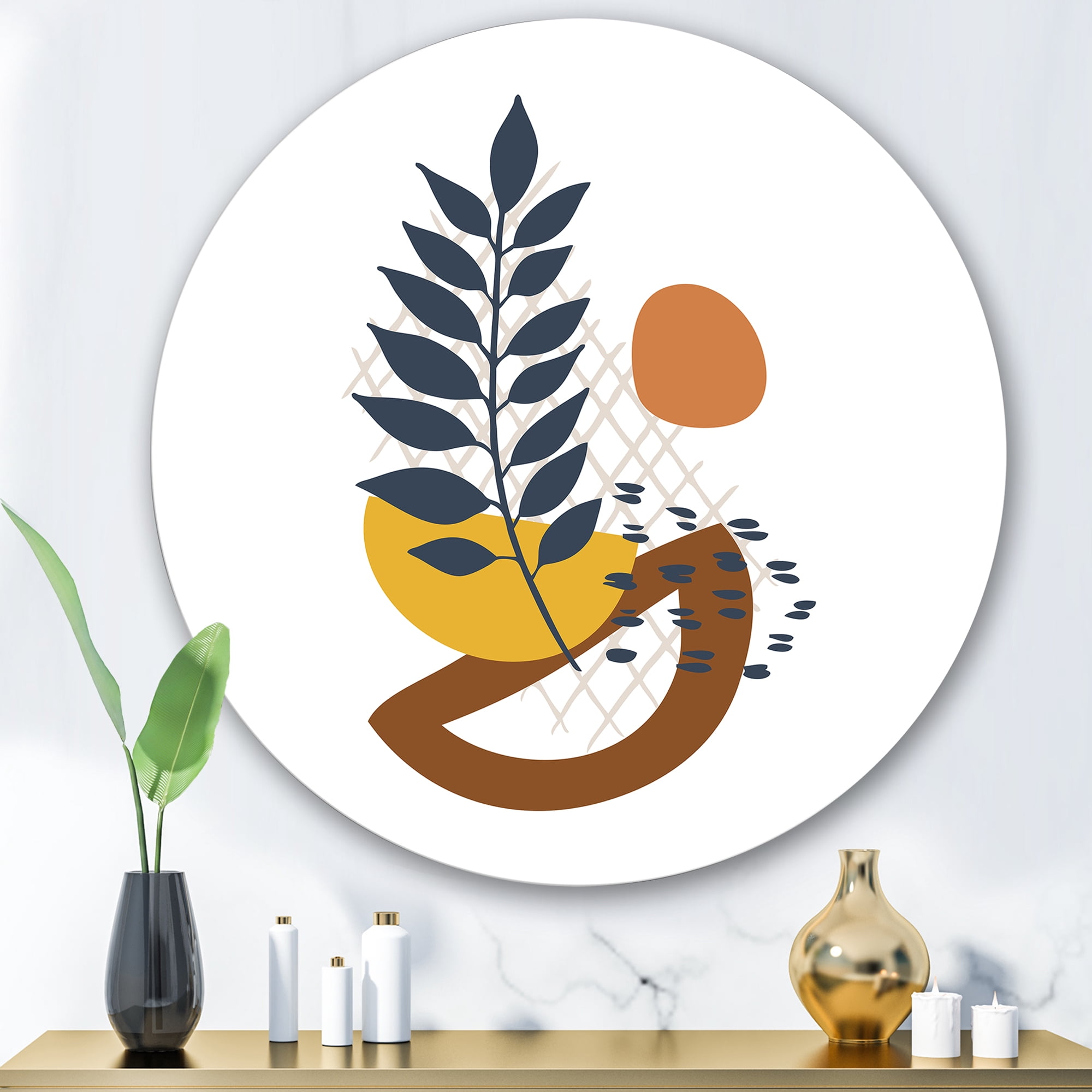 Designart 'Abstract Leaves With Elementary Shapes' Modern Circle Metal Wall Art 29x29 - Disc of 29