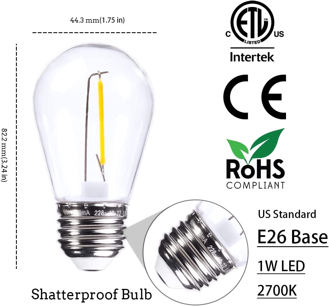 25-Pack S14 1W Outdoor String Lights Bulbs LED, Shatterproof & Waterproof, 2700K Soft White, 11W Equivalent, E26 Base Non-dimmable, Edison Vintage Style Replacement for Patio Garden