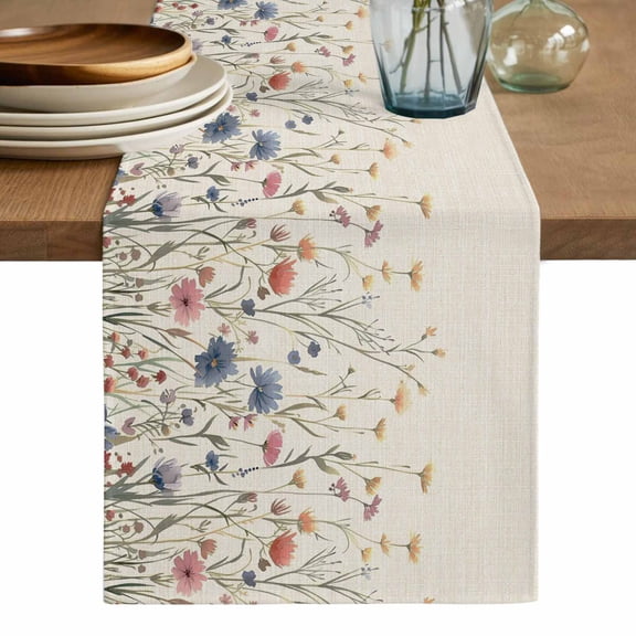 Spring Floral Table Runner, Watercolor Rustic Summer Botanical Washable Cotton Linen Table Runners 72 Inches Long, Dresser Scarf Runner for Dining/Coffee/Kitchen/TV Stands/Cabinets 13''x72''
