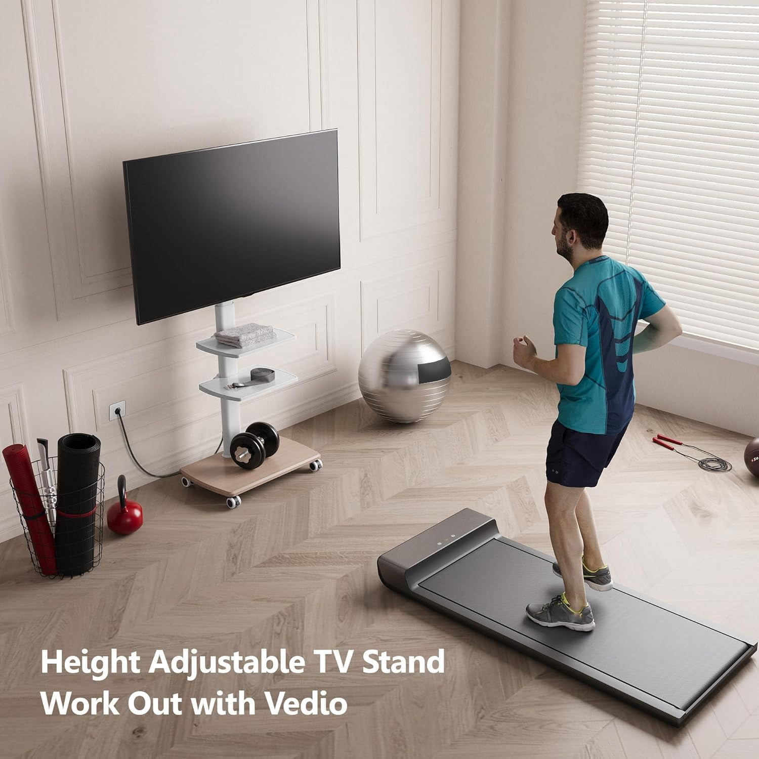 FITUEYES Rolling TV Stand for 32–75 Inch TVs, White, Power Outlet, Swivel Mount