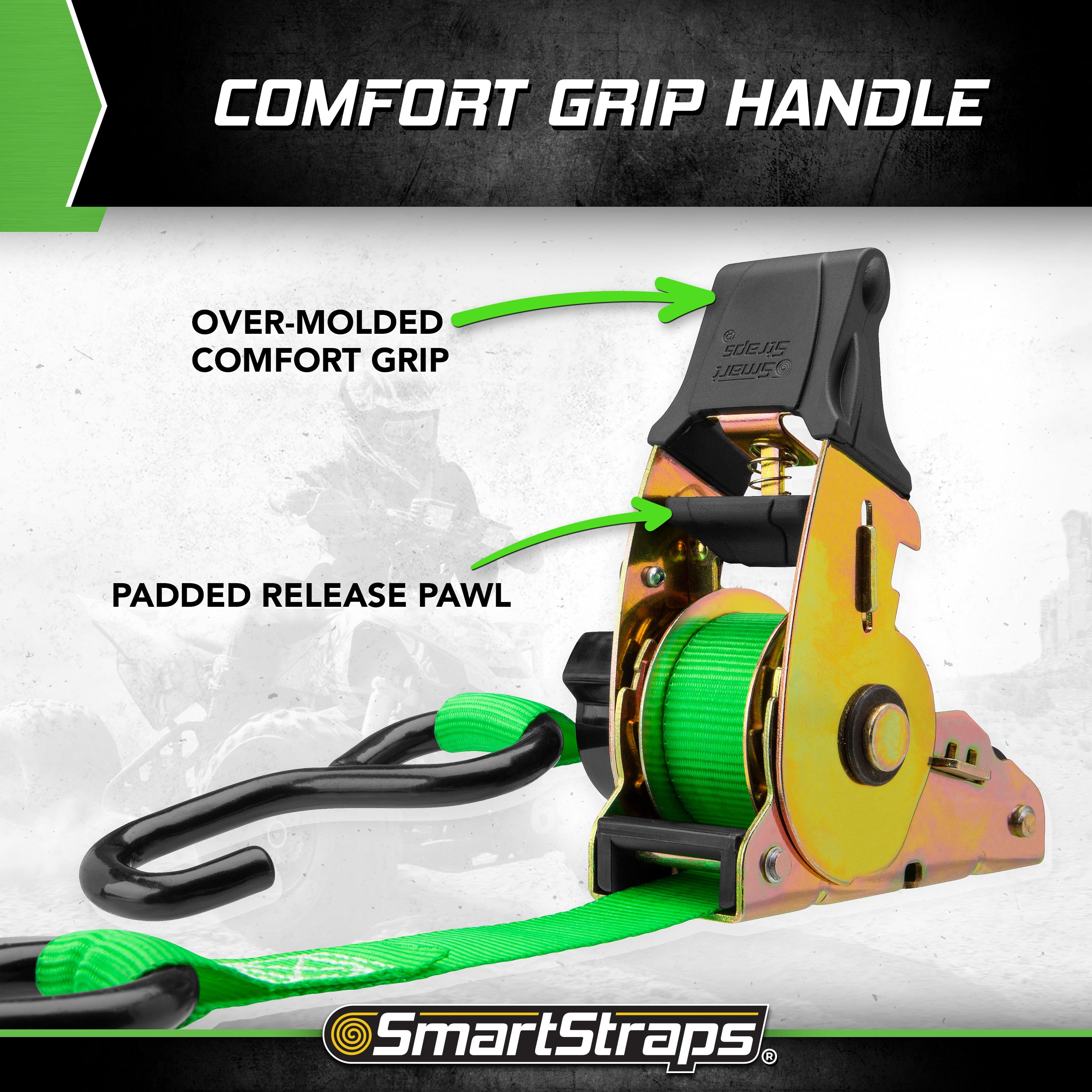 SmartStraps Retractable Ratchet Tie Down Straps, 1" x 6 ft, 500 lb Safe Work Load, 1,500 lb Break Strength, Green, 4-Pack
