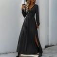 thumbnail image 3 of Enjoytime Maxi Dresses for Women 2025 Solid Color Long Sleeve V-Neck Slit Slim Party Dress Casual Fall Winter Dresses Black S, 3 of 7