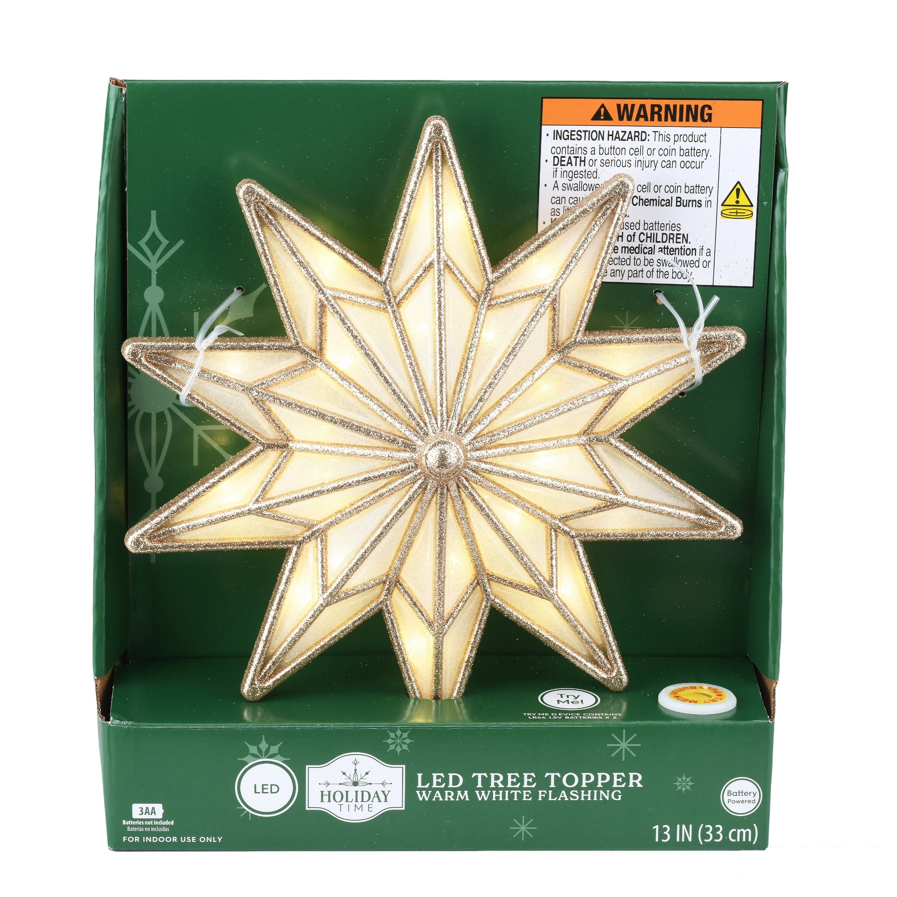LED Snowflake Christmas Tree Topper, Gold, 13", by Holiday Time
