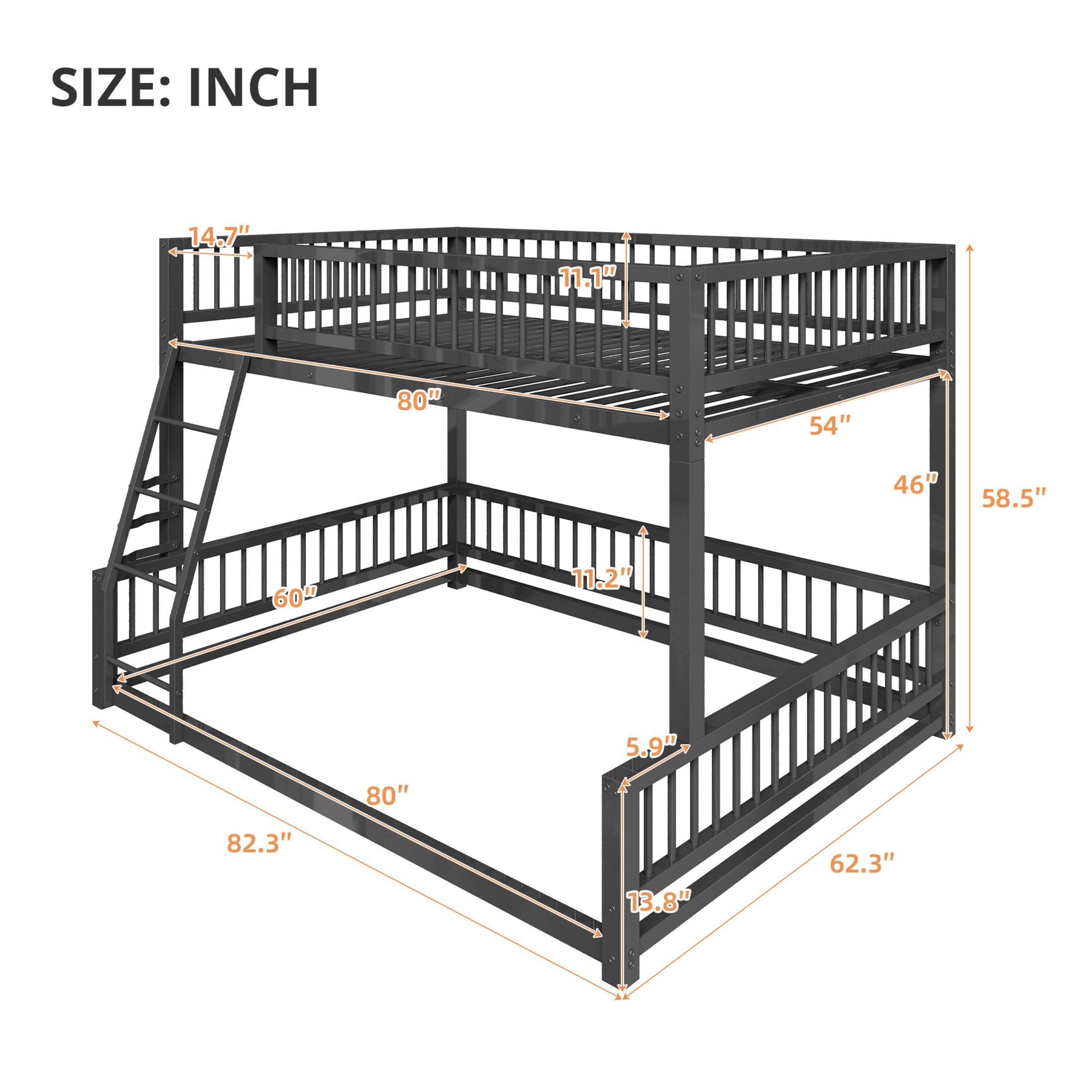 Noble House Full XL over Queen Bunk Bed, Heavy Duty Metal Frame with Integrated Ladder and Safety Guardrails, Black