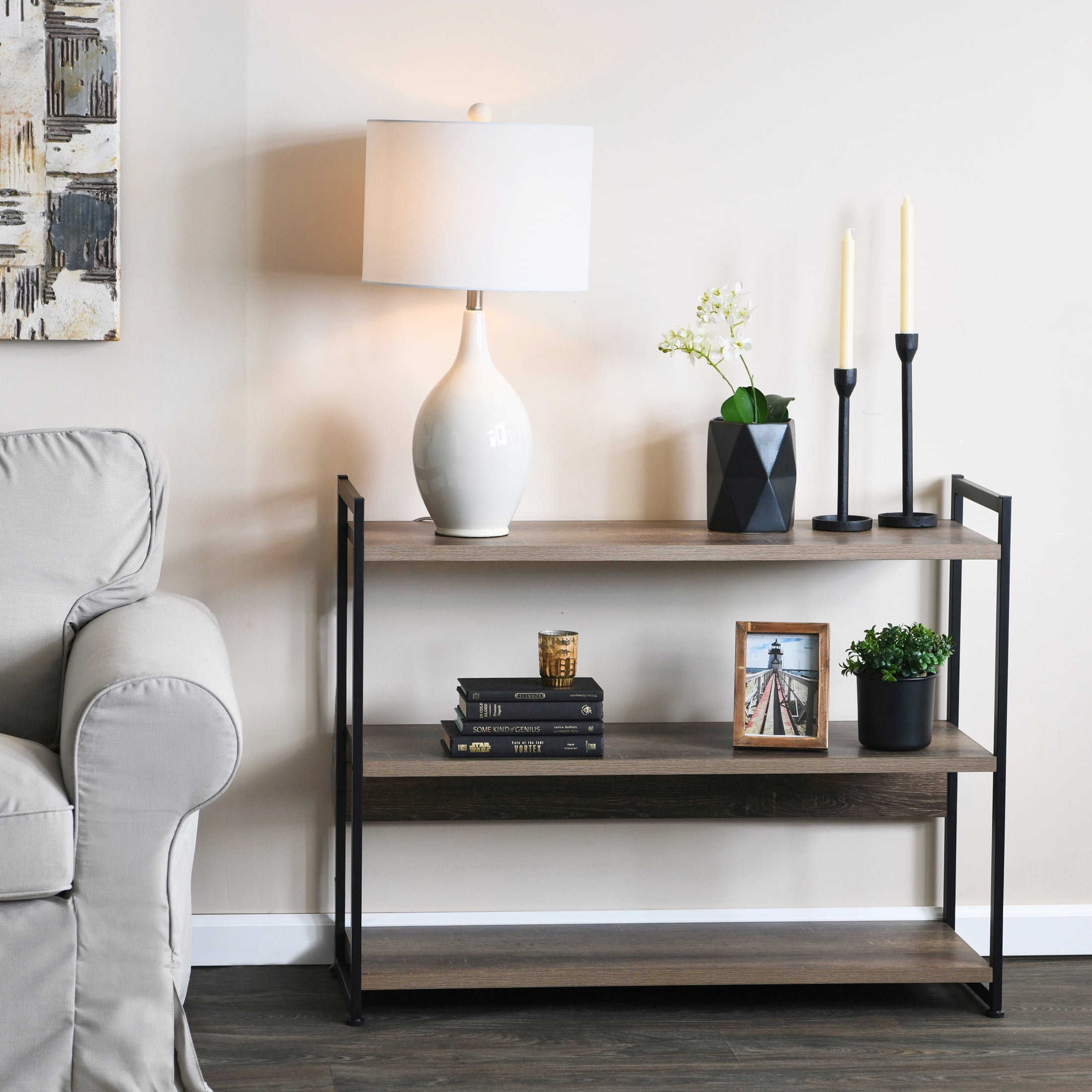 Household Essentials Jamestown Wide 3 Shelf Open Storage Bookshelf Ashwood Rustic Wood Grain and Black Metal