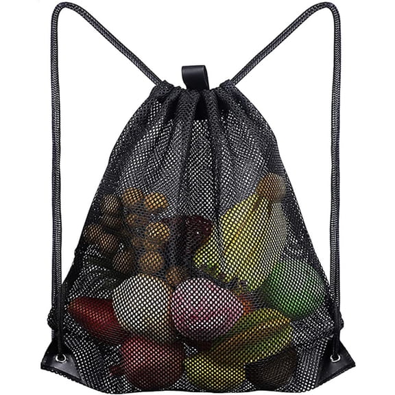 LiWei Black Mesh Drawstring Backpack, Lightweight Portable Mesh Storage Bag for Sports Grocery Shopping Travel